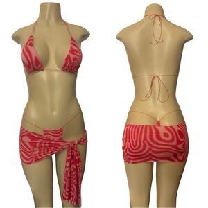 Pink Patterned Triangle Bikini Set with Matching Sarong